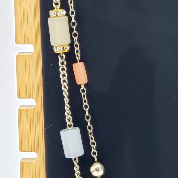 Gold Tone Satellite Cylinder Bead Necklace Blue Pink Green Gray Double Chain - Picture 6 of 12